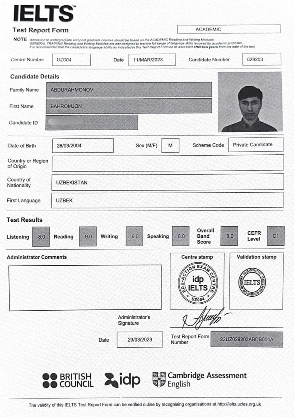 IELTS Test Report Form, umumiy ball 8.0