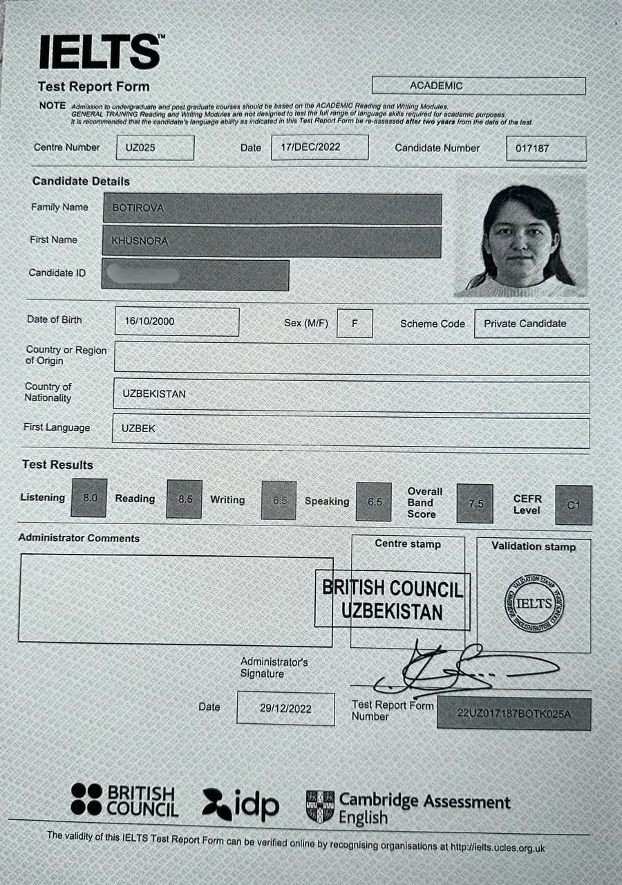 IELTS Test Report Form, umumiy ball 7.5