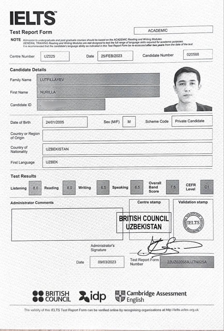 IELTS Test Report Form, umumiy ball 7.5
