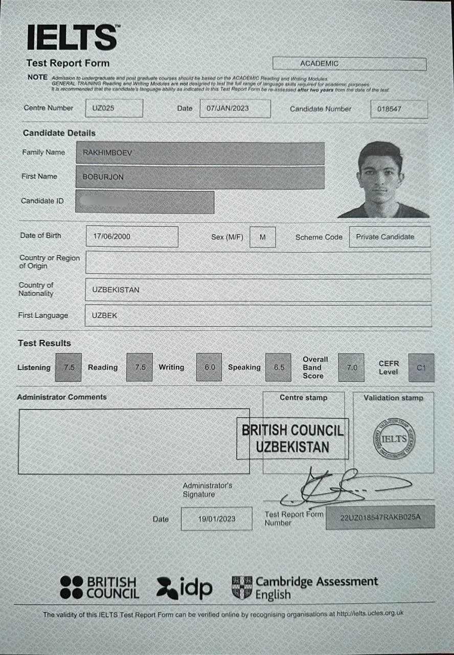 IELTS Test Report Form, umumiy ball 7.0