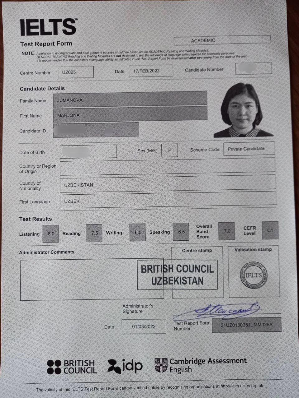 IELTS Test Report Form, umumiy ball 7.0