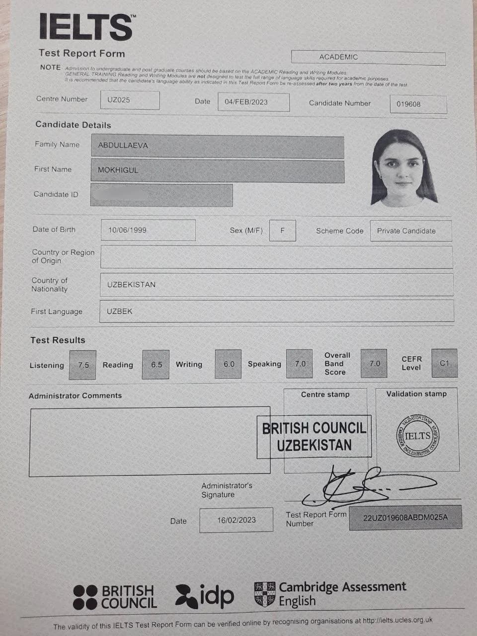 IELTS Test Report Form, umumiy ball 7.0