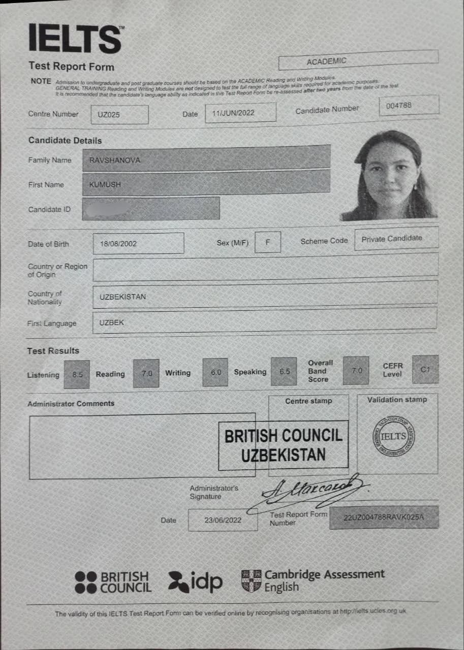 IELTS Test Report Form, umumiy ball 7.0