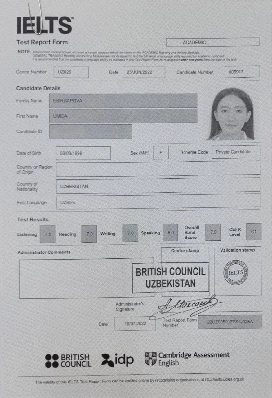 IELTS Test Report Form, umumiy ball 7.0